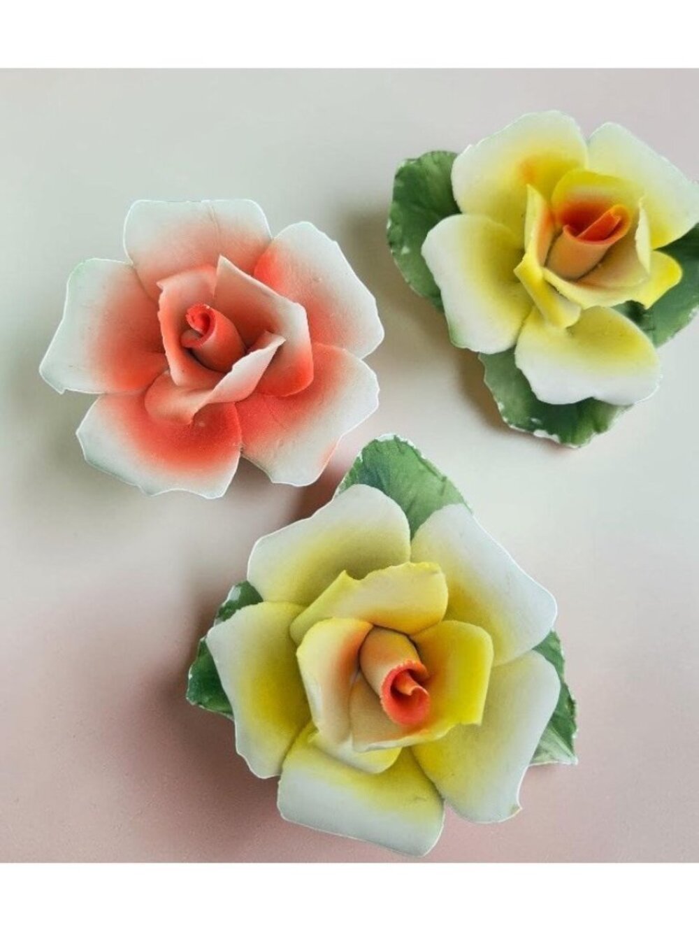 Lot of 3 Vintage Capodimonte Style Bisque Porcelain Roses Yellow & Orange